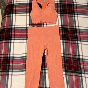 ANWND ladies sz M medium sports bra & leggings set peach orangee ribbed padded